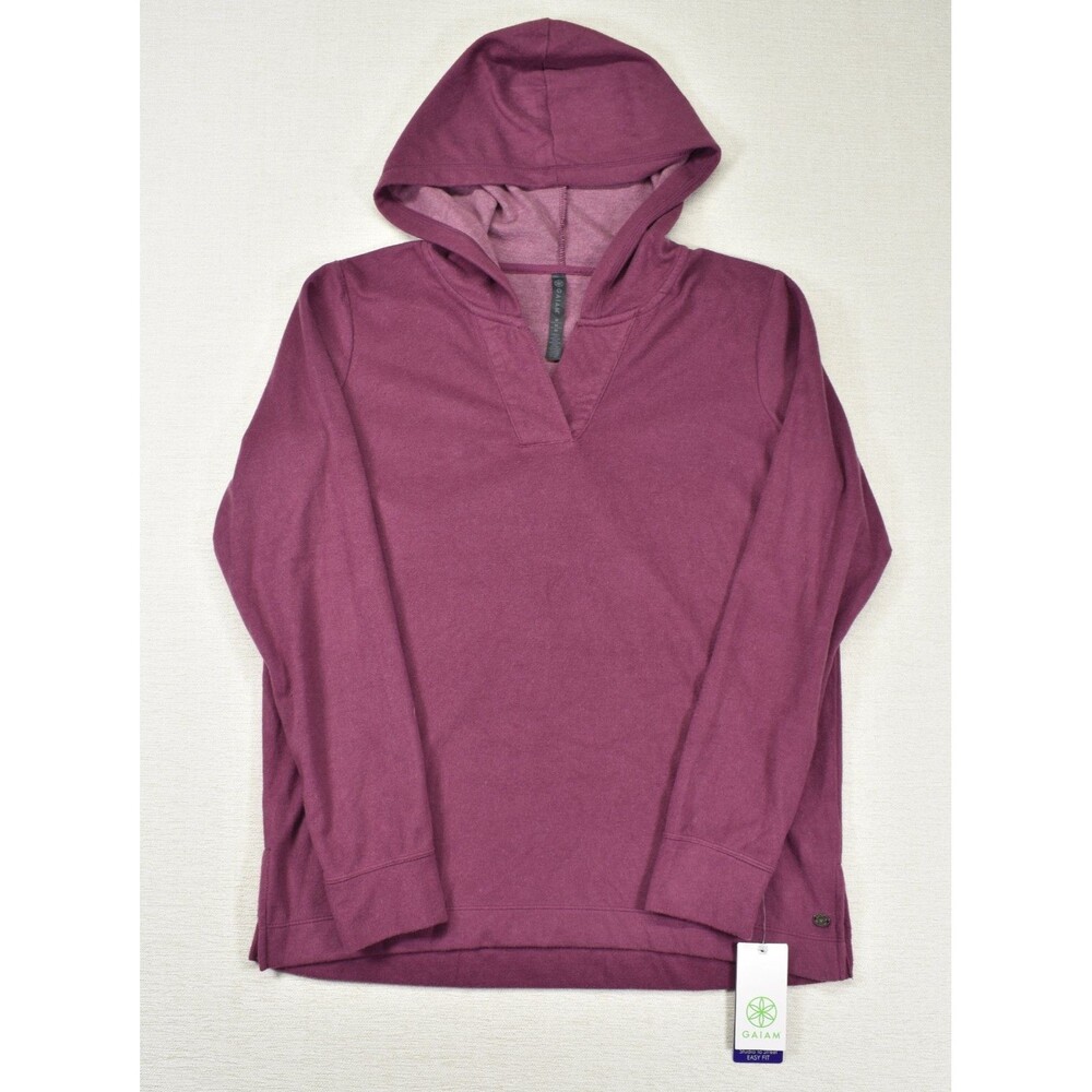 Gaiam Yoga Hoodie Medium Womens Plum Purple Split V Neck Pullover Sweatshirt NWT